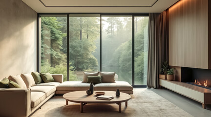 modern living room with forest view