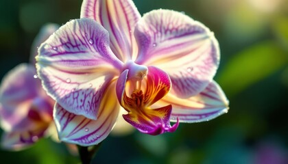 Delicate Orchid Petals Glowing Under the Morning Light with Soft Water Droplets