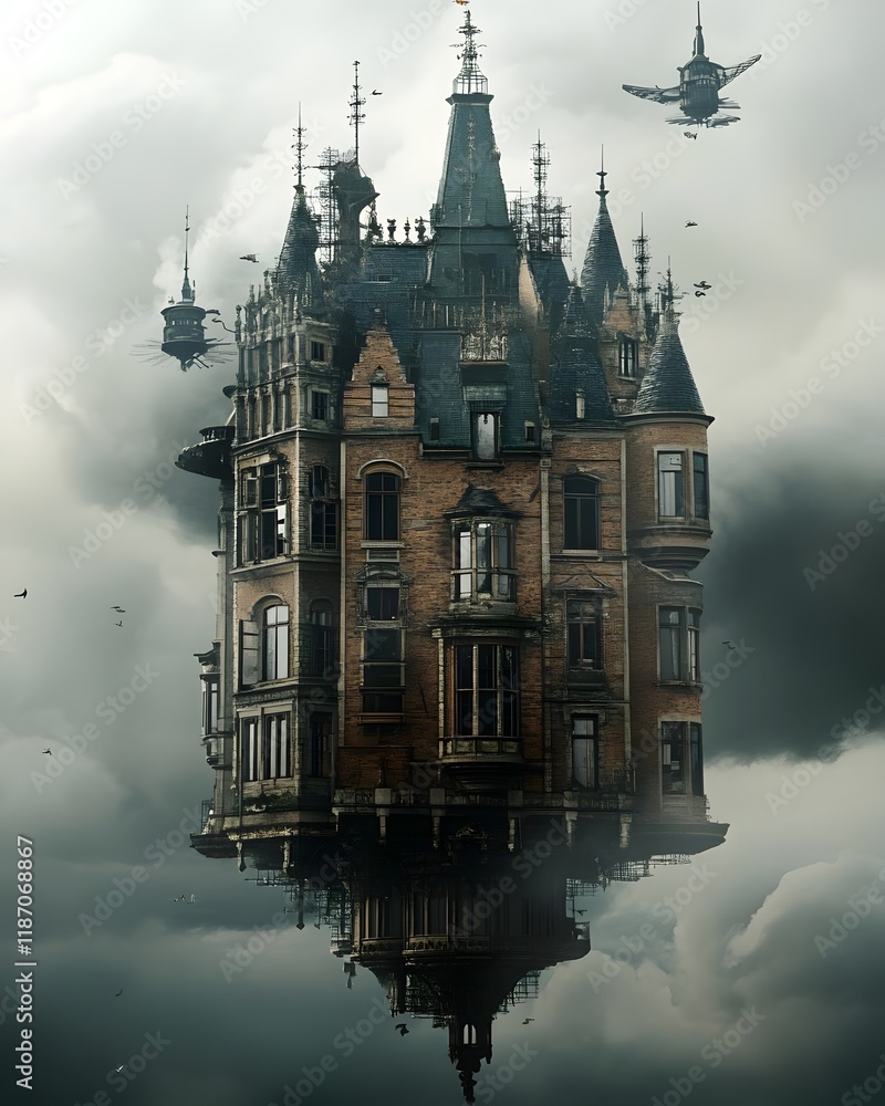 Poster a surreal floating mansion with intricate architecture amidst cloudy skies.