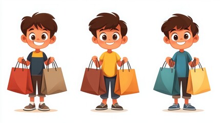 Cheerful Young Boy Holding Colorful Shopping Bags in Three Different Outfits, Smiling with Joyful Expressions, Cartoon Style Illustration for Retail Themes