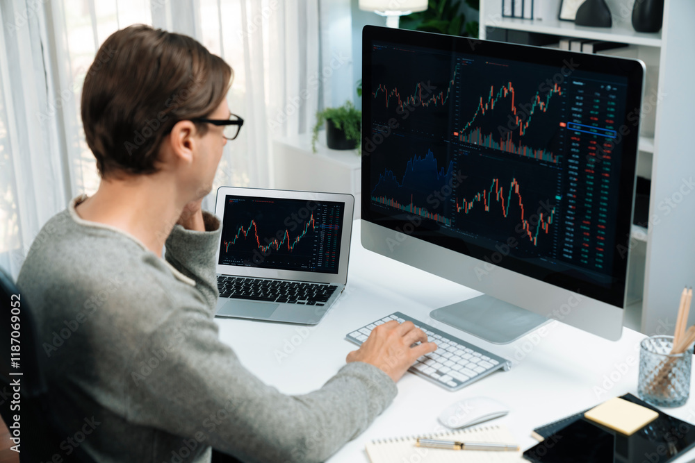 Poster business trader using computer and laptop to search highest profit value of dynamic increased stock 