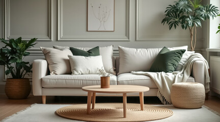 minimalist living room with a beige sofa wooden coffee table