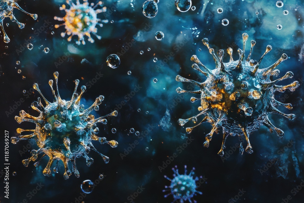 Poster viruses suspended in droplets of water display dynamic motion and intricate structures in this close