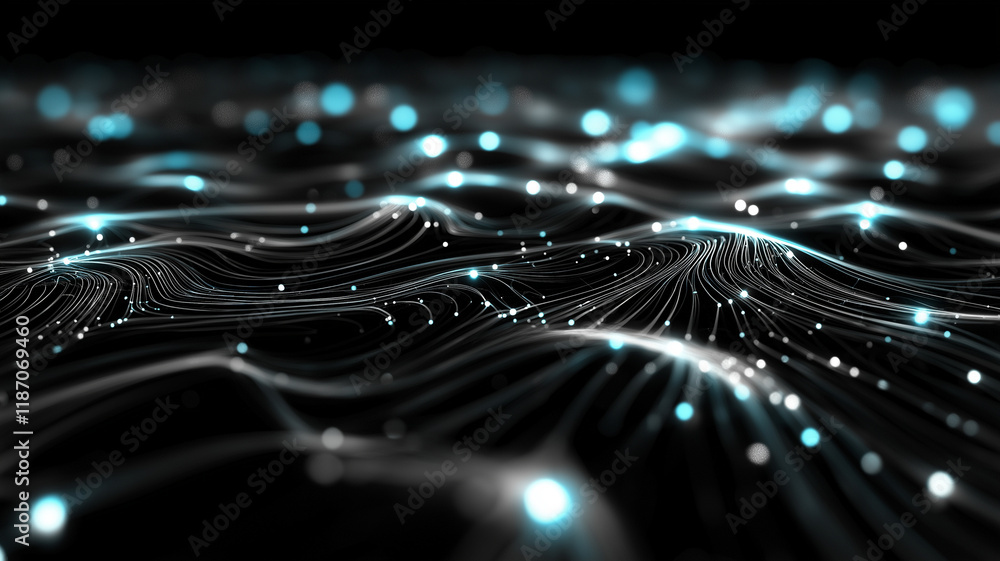 Poster dynamic abstract waves with glowing particles and light effects