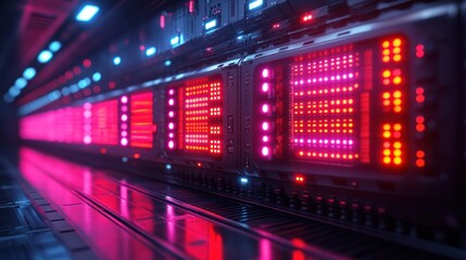 Glowing server racks in futuristic data center corridor with reflective floor.