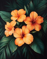 Obraz premium Four orange hibiscus flowers nestled in lush green tropical leaves.