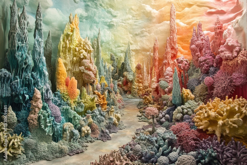 Poster vibrant world of bacteria forms showcasing intricate textures and colors in a surreal landscape. gen