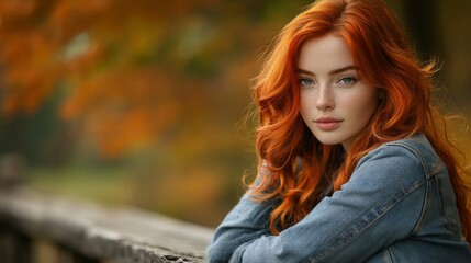 Fototapeta premium Red haired woman autumn outdoor portrait