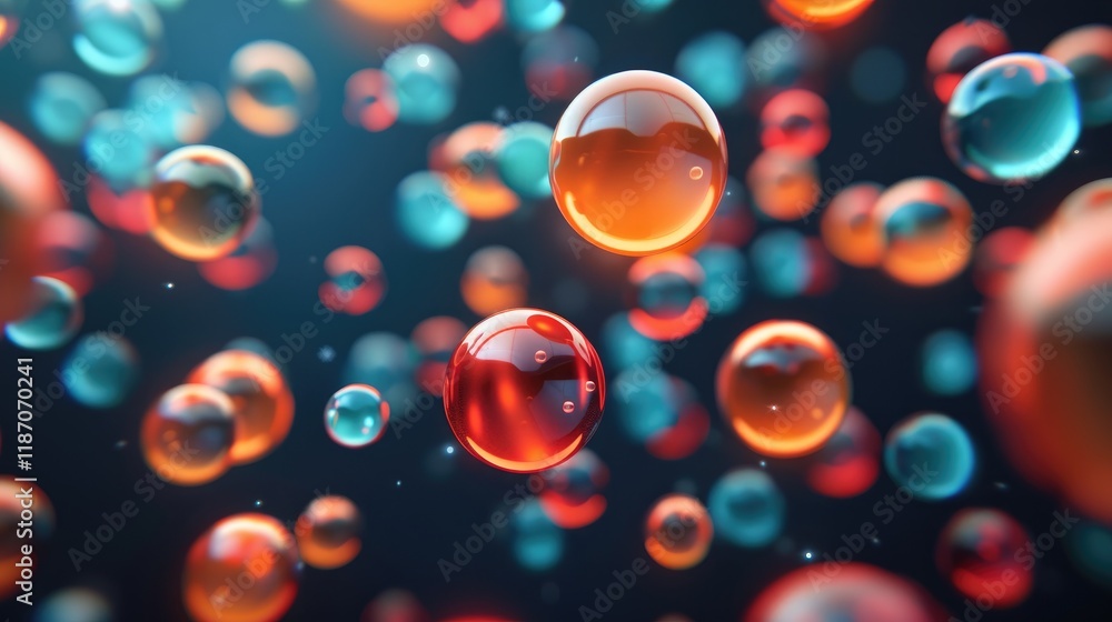 Poster colorful floating spheres with shadows and depth in a dark background for abstract visuals and desig
