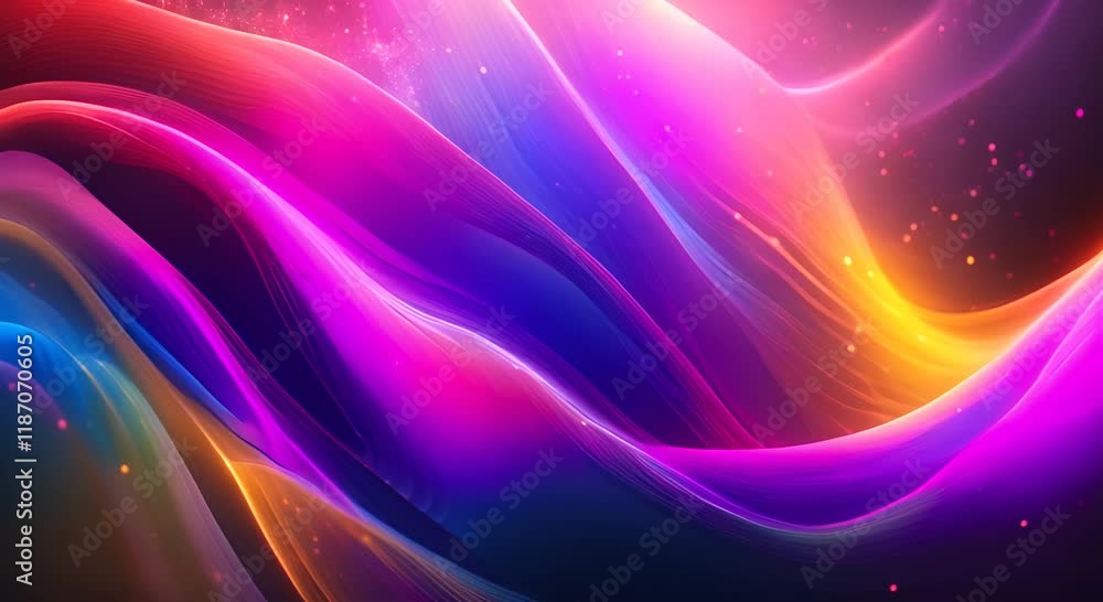 Poster digital art of a flowing abstract wave design with glittering particles in a rainbow of colors 4k