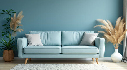 serene light teal sofa with fluffy plants