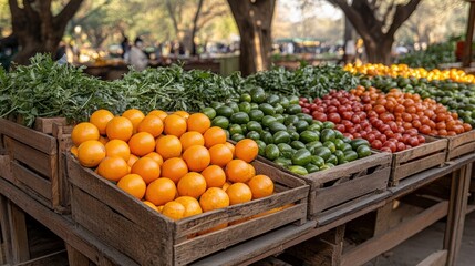 Fresh Vibrant Fruits and Vegetables Displayed at a Rustic Market Stall Surrounded by Lush Green Trees and a Lively Atmosphere