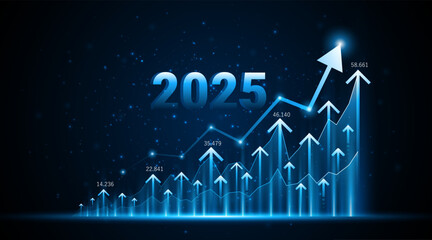Obraz premium Arrow pointing upwards for future company growth in 2025. Stock market graph with rising candles. Ideas for growing a profitable business or investment 