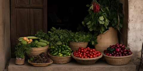 A beautiful arrangement of assorted fresh vegetables in woven baskets outside a building, showcasing the vibrant colors and textures of healthy produce.