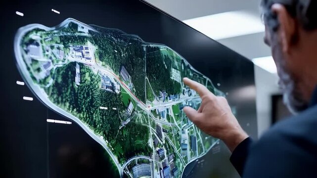 Professional examining digital aerial map on large screen displaying urban development and infrastructure planning.