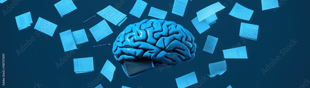Poster a conceptual representation of knowledge and intelligence with a floating brain surrounded by pages 