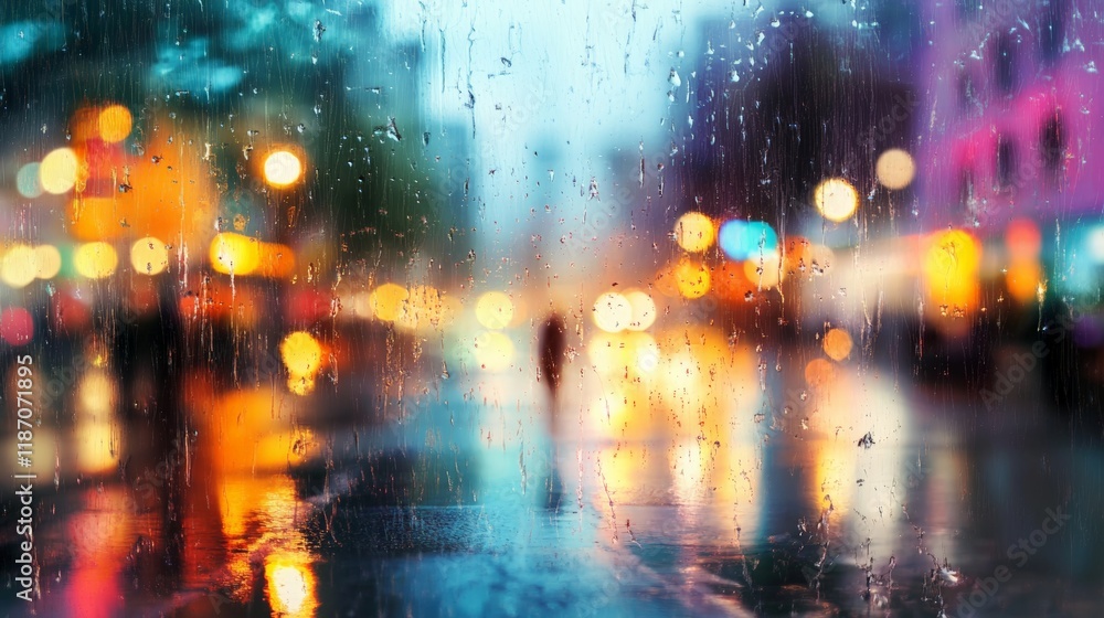 Aufkleber colorful bokeh from city lights creates a beautiful backdrop for rain trickling down a windowpane on
