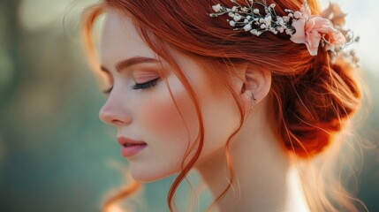 Naklejka premium Redhead woman with flower hairpiece serene expression