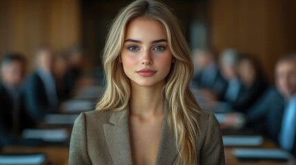 Blonde woman in blazer leads business meeting in conference room.