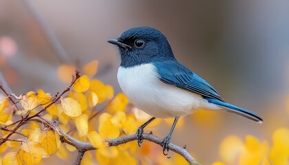 Fototapeta premium Stunning blue and white bird perched on a branch amidst vibrant yellow autumn leaves. Captures the beauty of nature's autumnal palette and avian life, ideal for nature, wildlife, or seasonal themes.