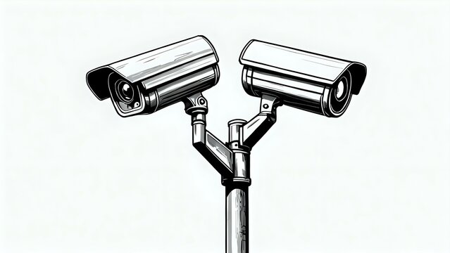 Dual security cameras mounted on a pole,  illustration style, black and white sketch. Ideal for security, surveillance, and technology concepts.
