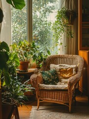 Serene Living Room with Potted Plants and Wicker Chair