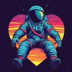 Vibrant Illustration of an Astronaut Surrounded by a Heart Shape with Stunning Sunset Colors, Capturing a Unique Blend of Space and Love Themes