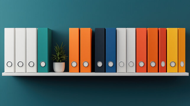 Colorful file organizers on shelf against teal wall, creating vibrant and organized workspace. arrangement includes various colors and small plant for added decor