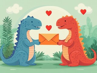 Cute Cartoon Dinosaurs Holding an Envelope with Hearts in a Playful Forest Setting, Perfect for Valentine's Day or Love-Themed Projects