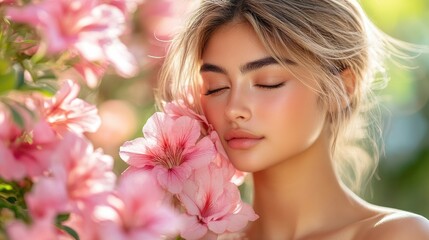 Fototapeta premium Blonde woman with closed eyes enjoys scent of pink blossoms in sunny garden.