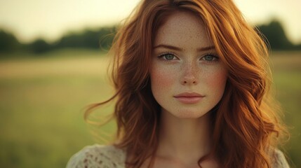 Fototapeta premium Red haired woman with freckles outdoors in nature