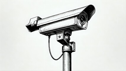 Hand-drawn illustration of a security camera on a pole, emphasizing detail and texture. Perfect for articles on surveillance, security, or technology.