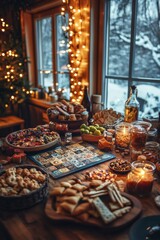 Fototapeta premium Vintage Board Game Night with Snacks and String Lights in Cozy Winter Setting