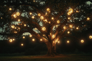 Enchanted oak tree at night, adorned with glowing orbs.