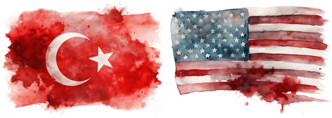 Watercolor flags, Turkey and USA, vibrant red hues, artistic representation, cultural symbolism, patriotic imagery.