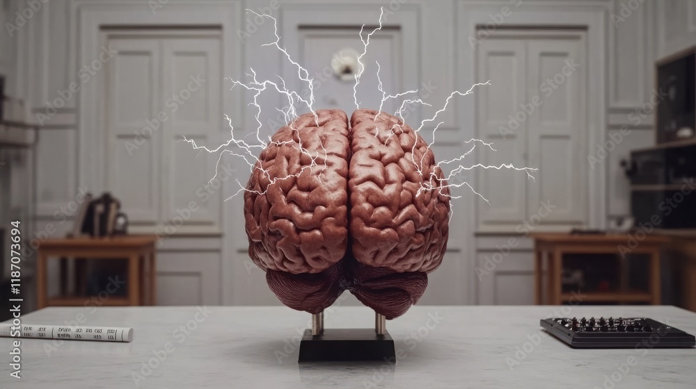 Poster hyper-realistic brain model surrounded by sparkling electricity, symbolizing intelligence, creativit