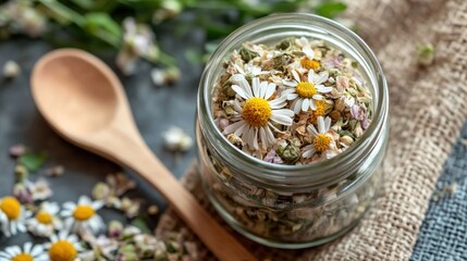Dried herbal medicinal plant Common Daisy, also known as Bellis Perennis. Dry flower blossoms in glass jar and wood spoon, ready for making herbal tea, indoors still life.