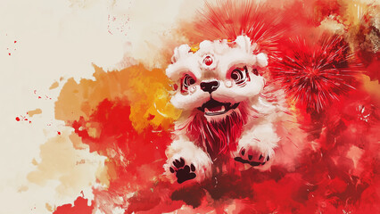 Chinese Lion Dance Watercolor Banner Background, Chinese Lion Dance Poster, Yellow red chinese background