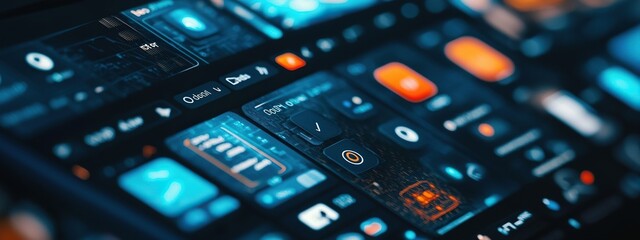 Mobile app interfaces highlighted in dusty blue with intuitive navigation design