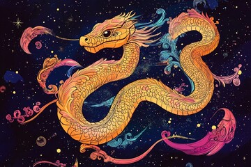 Obraz premium Colorful dragon in night sky