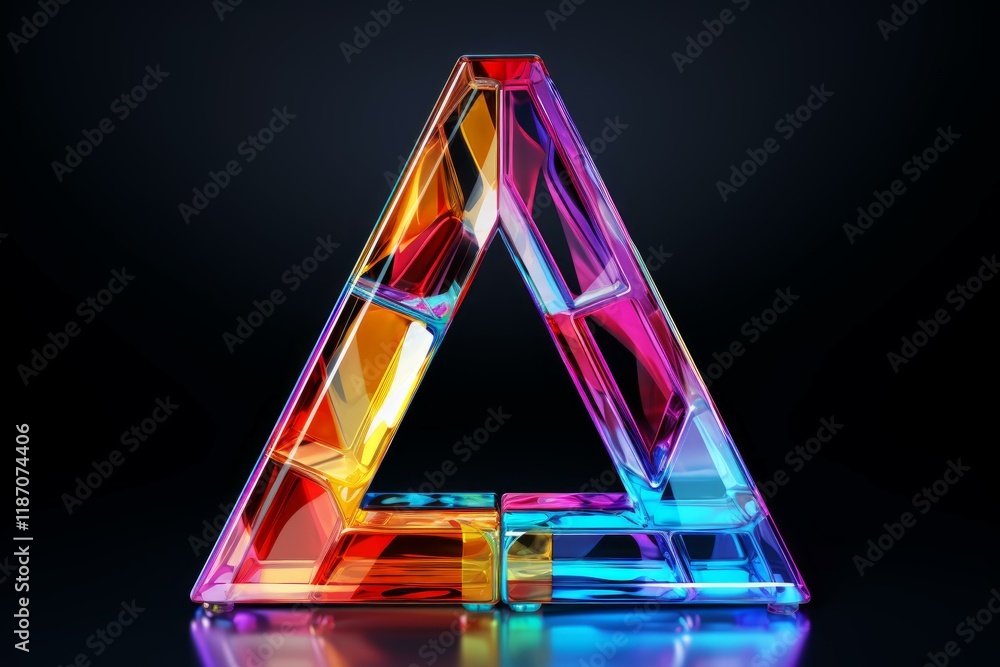 Aufkleber multicolored glass triangle glowing on a dark reflective surface, creating a vibrant and modern abst