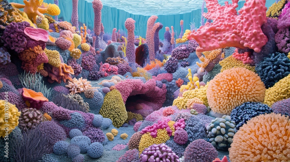 Poster vibrant underwater world with colorful bacteria forms and textures creating a surreal landscape of l