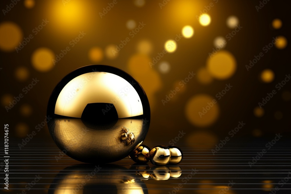 Poster golden spheres on reflective surface with bokeh background creating a luxurious and festive atmosphe