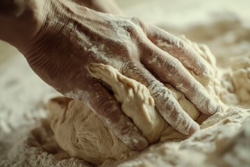 Hands kneading dough, flour dusting the surface and hands, baking process.
