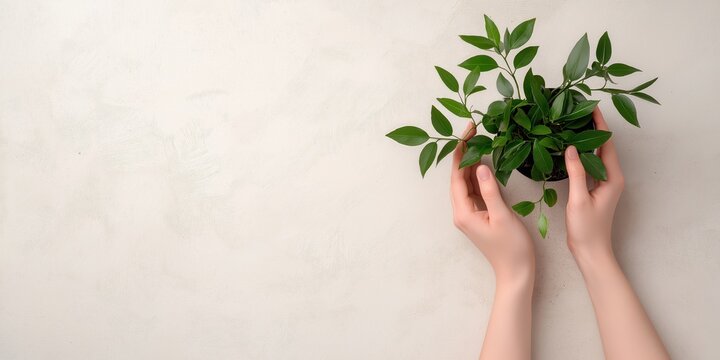 Fototapeta This close-up image of a green plant held gently in hands symbolizes care and nurturing, reflecting themes of sustainability and personal connection to nature.