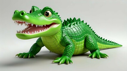 Obraz premium Adorable cartoon crocodile, cheerful expression, 3D render, green scales, friendly reptile, white background.