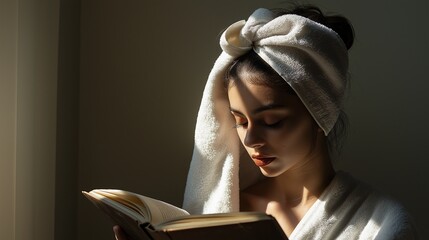 woman doing a deep conditioning treatment, wrapping their hair in a towel, reading a book nearby