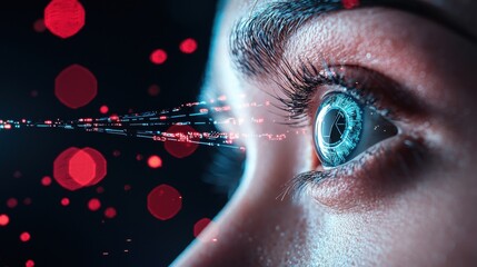 A futuristic portrait of a person with both eyes augmented, displaying real time data streams, holographic projections, and a HUD interface within their field of vision.