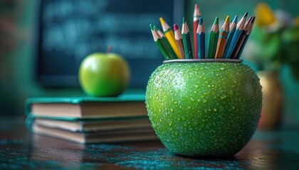 Colored pencils in a dewy green apple, near books. Perfect for back-to-school, education, or art themes.
