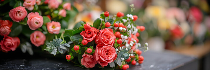 Bouquet of roses, hypericum berries and gypsophila on the counter of a flower shop